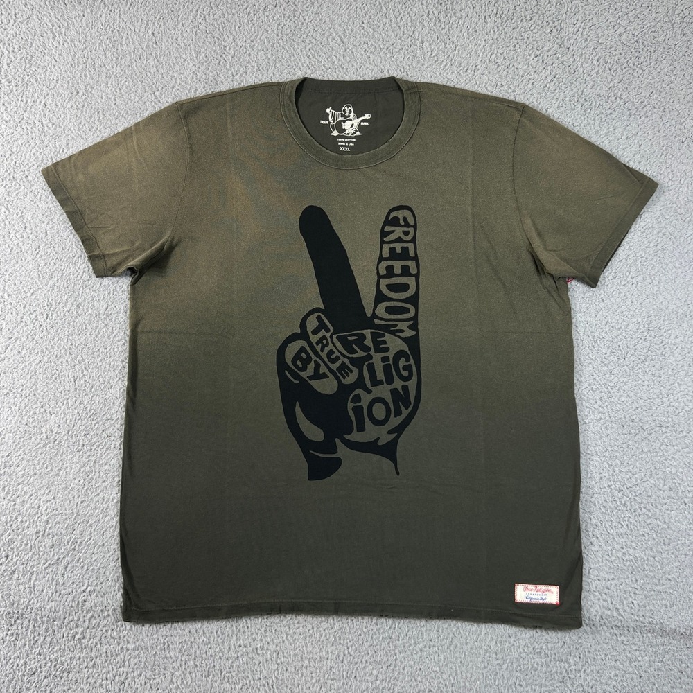 True Religion Graphic T-Shirt Men's 3XL Peace Sign FREEDOM Olive Green VTG NWT
